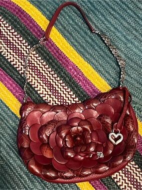 Brighton Deep Burgundy Floral Appliqué Shoulder Bag with Silver Chain